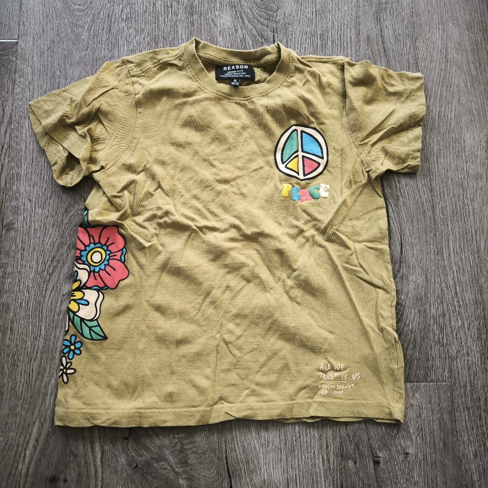 Reason Kids Shirt with Peace Sign and Floral Design - Yellow